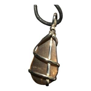 Brown Wire Wrapped Polished Stone on 16” Leather Rope Necklace Unisex